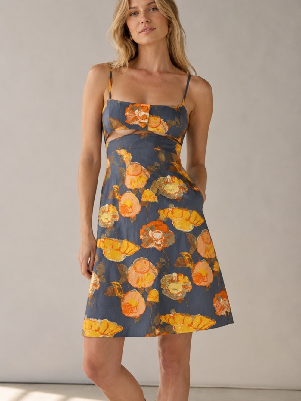 ANTHROPOLOGIE Maeve Silk Blue Floral Peony Mini Slip Dress Coral Buttons 12